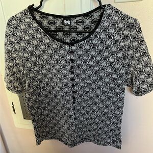Black and White Semi Sheer Knit Button Down Women's Top